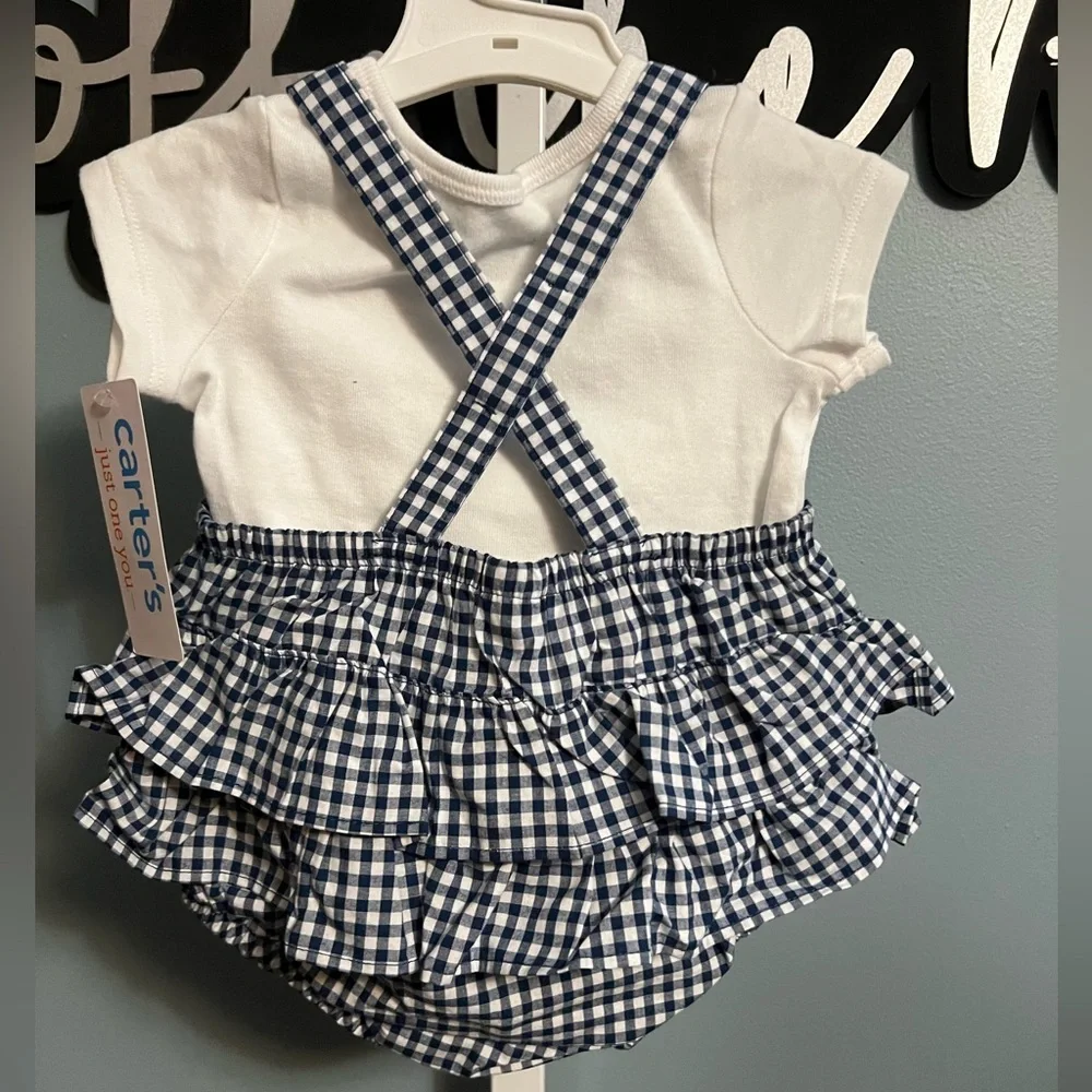 Carter's Just One You Navy Blue and White Gingham Baby Romper 3 months NWT